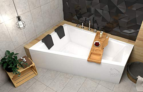 ECOLAM® Badewanne Intima Duo Eckwanne für Zwei 170x125 cm LINKS + Ablage Bambus + Schürze aus Acryl + 2x Kopfstütze Ab- und Überlauf Automatik Füße Silikon Komplett-Set - PERFEKT FÜR ZWEI PERSONEN
