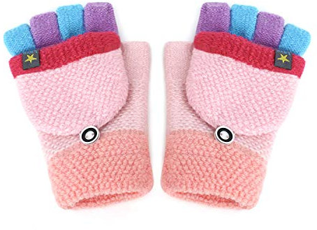 FakeFace Fäustlinge mit Knopf Klappe Fingerlose Halb Handschuhe für Kinder Winter Warm Strickhandschuhe Fingerhandschuh Winterhandschuhe 2-6 Jahre alt Jungen Mädchen
