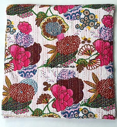 Weiße Frucht Kantha mit 2 Kissenbezügen Vintage Ethno Baumwolle Obst Kantha Quilt Tagesdecke Patchwork Stitch Decke Twin/Queen/California King Size (152,4 x 228,6 cm)