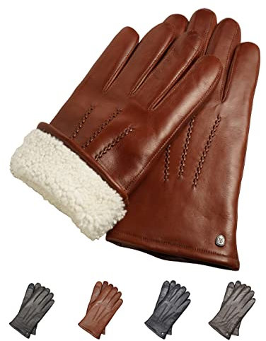 AKAROA ESTD 2019 Lederhandschuhe Herren DAN, Touchscreen Funktion, italienisches Leder, Futter aus original Neuseeland Lammfell, 5 Größen S - XL, cognac, S - 8,5
