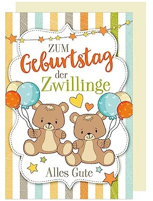 Zwillinge Geburtstag Grußkarte Teddybären Luftballons Alles Gute 16x11cm