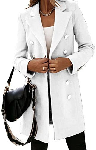 WJANYHN Autumn and Winter Leisure Exquisite Fashion Long-Sleeved Suit Collar Double-Breasted Nizi Jacket Windbreaker Coat Women White, M