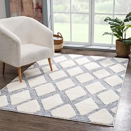 carpet city Teppich Hochflor Wohnzimmer - 200x290 cm - Scandi, Landhaus-Stil Creme Grau - Cut-Loop, Hochtief, 3D-Effekt - Shaggy Teppiche Flauschig-Weich Schlafzimmer Langflor