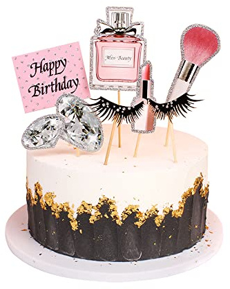 Blumomon 28Pcs Glitter Makeup Cupcake Toppers Happy Birthday Glitter Cosmetics Theme Bridal Cake Toppers Party Cake Decoration Supplies