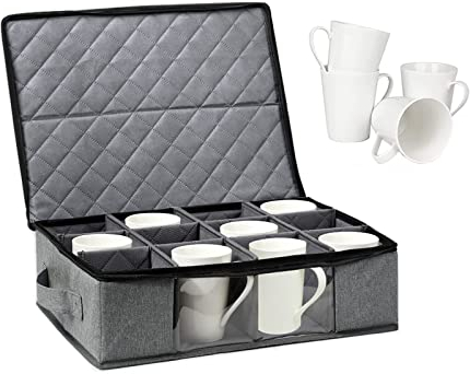 NIUXICH Mug Storage,Double Zippers 12 Dividers Coffee Mug Storage Box with Window,Teacup Storage Box Glasses Container for Moving Glassware Protective Kitchen Home-Wares