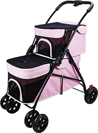 Hundewagen Hundebuggy Faltbarer Katzen-Hunde-Haustier-Kinderwagen – Kleiner Bis Mittlerer Haustier-Doppelschicht-Jogging-Kinderwagen – Tragbarer Reise-Haustier-Trolley (Color : Pink)