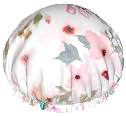 Doppellagige wasserdichte Duschhaube für Frauen – leicht, tragbar und wiederverwendbar – Einheitsgröße, passend für die meisten Kopfformen, Blumenmuster mit Flamingo