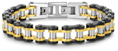 XINXUSP Bike Chain Link Bracelet, Stainless Steel Chain Bracelet for Men, Fashionable and Versatile Motorcycle Chain Bracelet, Holiday/Anniversary/Valentine's Day Gift (Black+Gold)