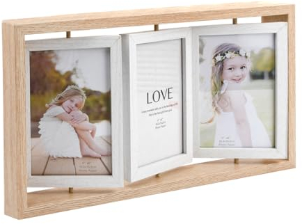 Elitecran Cornice Doppio Portafoto 6 Pollici, 10.2x15.2cm Pieghevole 6 Foto Rotante in Legno, da Tavolo Collage Tripla 3 Cornice Foto Multiple per Famiglia, Matrimoni, Amici