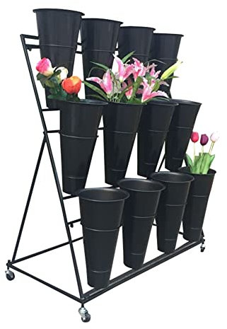 Pflanzenleiter-Regal, 3-stöckig, Pflanzenständer, für den Außenbereich, Metall, Pflanzenregal, für den Außenbereich, Blumenwagen, Präsentationsständer mit Rädern, Eimer, Gartenständer (schwarz)