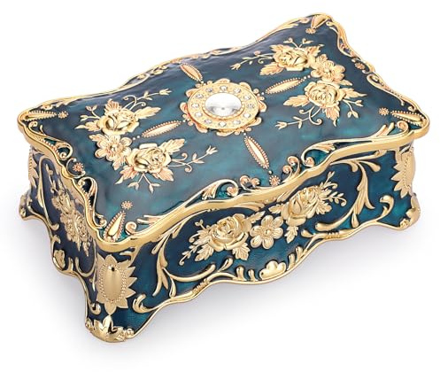 IGNPION Vintage Jewelry Holder Box Ornamental Jewelry Display Case for Ring Necklaces Earrings Storage, Large Metal Trinket Organizer Box (Blue,XXL)