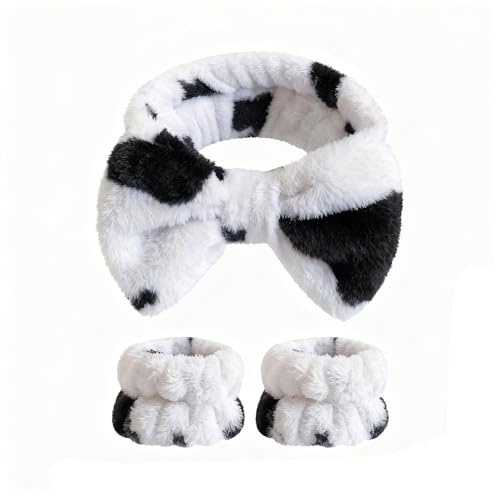 Youery Haarband Schminken Plüsch Cow Print Gesicht Waschen Haarbänder Make up Stirnband mit Handgelenk Waschband,Haarband zum Abschminken Dusche Spa, Kreative Haar-Accessoires für Mädchen und Frauen