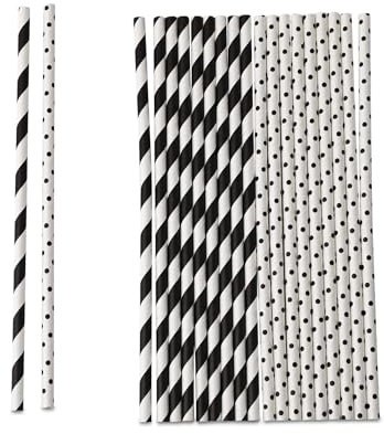 ECOFIESTA 480x Strohhalme Papier 20 cm, Ø 0,6 cm schwarz-weiß gemustert - biologisch abbaubare Papierstrohhalme nachhaltiger Forstwirtschaft