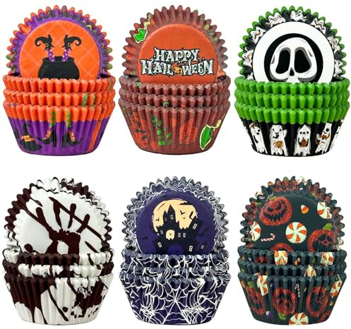 Gcardist Allerheiligen 300 Stück Standard-Muffinförmchen Cupcake-Becher 6 Designs Allerheiligen Hexe Muffinpapier-Backförmchen Cupcake-Hüllen (Standardgröße)