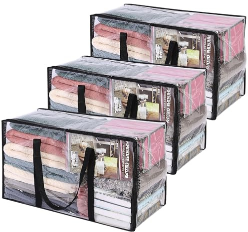 Vieshful 3 Stück Transparente Plastik Aufbewahrungstasche, 60L Organizer Aufbewahrungsbox Kleideraufbewahrung Umzugskartons für Bettdecken, Kleidung, Bettwäsche, Weihnachtskränzen und Steppdecken