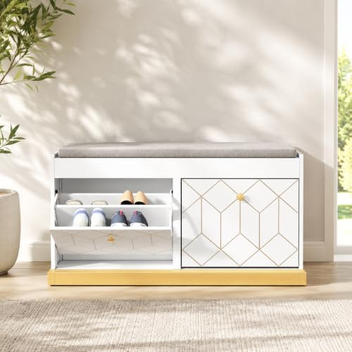 HOLTICO Schuhschrank mit Sitzbank, Sitzbank mit Stauraum | Schuhbank mit Gepolsterter Sitzfläche und 2 Schubladen für Den Flur, Das Wohnzimmer, Weiß