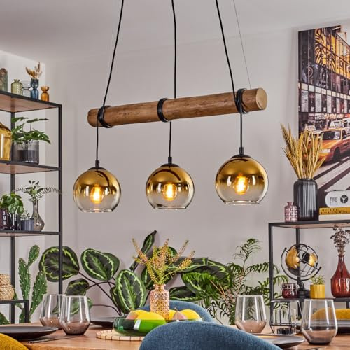 HOFSTEIN Pendelleuchte Koyoto, 3-flammige Hängelampe aus Metall/Holz/Glas in Schwarz/Natur/Gold/Klar, Hängeleuchte Boho mit Glasschirmen, Holzbalken, max 150cm, E27, Esszimmer, Wohnzimmer, Küche