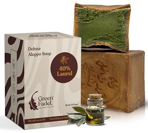 GREEN FADEL Aleppo Seife Original, 40% Lorbeeröl, ca. 200g | Deluxe, Olivenölseife, 60% Olivenöl, Naturseife, Kernseife, handgemacht, plastikfrei verpackt