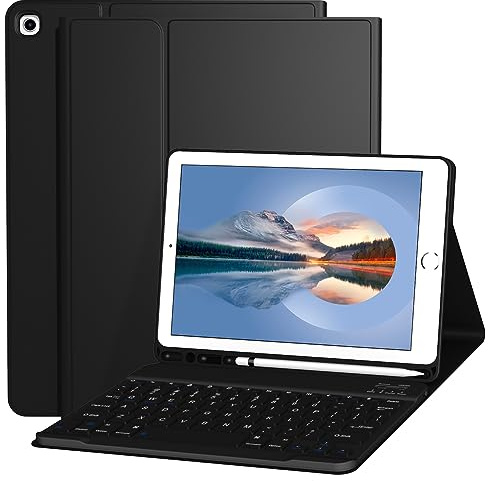 Divufus Funda con teclado para iPad de 9.7 pulgadas 2018/2017 6ª/5ª generación, Air 2/1 [teclado inalámbrico desmontable magnético] [compatible con 3 sistemas] Funda con soporte para lápices para iPad