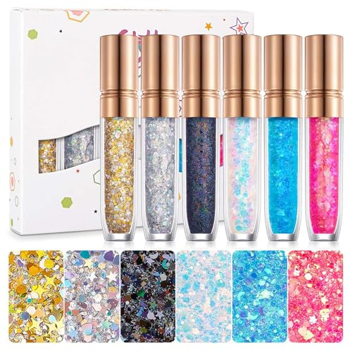 Body Glitter Gel, 6 Farben Bunte Glitter Sequins Makeup, Chunky Körperglitzer Liquid Gel für Weihnachten, Festival Masquerade Funkelnde, Mermaid Glitzer Pailletten für Körper/Haare/Augen/Lippen/Nägel