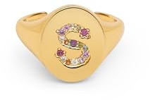 SINGULARU - Anello Personalizzato Signet Letter Colors. Ottone con Finitura Placcata Oro 18Kt. Anello con Motivo Lettera e Zirconi Colorati. Gioielli da Donna. Lettera S