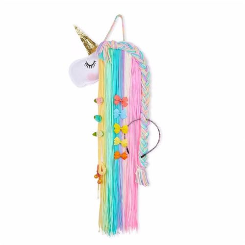 Zubehörhalter für Haare, Organizer in Einhornform, Organizer für Haar-Accessoires für die Wand, aus Garn in Regenbogenfarben, für Haarspangen und Schleifen für Mädchen