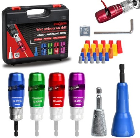 ANGELSWORD Wire Stripper & Wire Twister Tool for Drill, Wire Stripping Tool & Wire Twisting Connector Set 8/10/12/14 AWG, 4 PCS Professional Electrician Tools Set