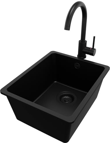 PRIMAGRAN Fregadero Granito Todo Negro 36x44cm, Cocina 1 Seno + Grifo 32x20cm + Sifón, Sobre encimera al mueble 40cm - Venecia Slim Easy S010