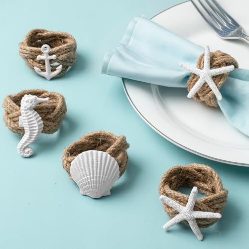 Coastal Starfish Napkin Rings - Set of 12 White Starfish Seahorse Shell Anchor Napkin Rings Bulk for Crafts, Beach, Dinner Party, Wedding, Theme Party, Banquet, Nautical, Coastal Table Decor