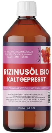 Bio-Rizinusöl 500 ml – 100 % kaltgepresst & naturrein – Für Haare, Nägel, Wimpern & Haut – Vegan, ohne Zusatzstoffe - Nakobe
