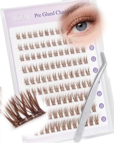 LZM Braune Selbstklebende Wimpern Einzeln Natürlich - C Curl 10-16mm Brown Cluster Lashes Einfach Und Schnell Zu Tragen Einzelne Wimpern Extensions Set mit Pinzette Press On Lashes (YS-9)