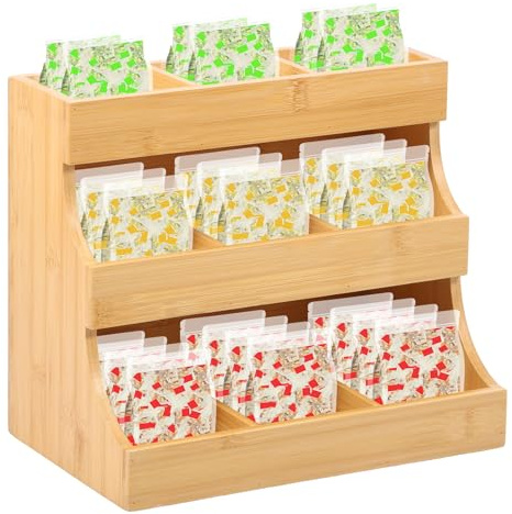 JEJUWE Bamboo Tea Bag Organiser 3 Tier Vertical Tea Caddy Teabag Storage for Teas Coffee Sugar Packets Wooden Teas Box Organiser for Home Office or Cafe