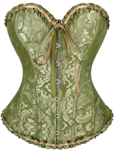 VONMELLI Corsetto Donna Sexy Bustino Shapewear Lingerie Elegante Corsetto Pizzo Fino Disossato Overbust Bustier Lingerie Top per Halloween, Carnevale, Cosplay e Feste Verde S