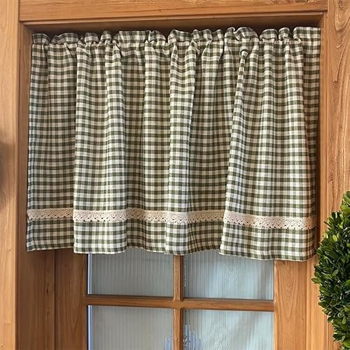 A.Monamour Cotton Green White Plaid Check Lace Rural Farmhouse Half Short Checked Gingham Kitchen Curtain Window Treatment Valance for Small Window Café Bistro
