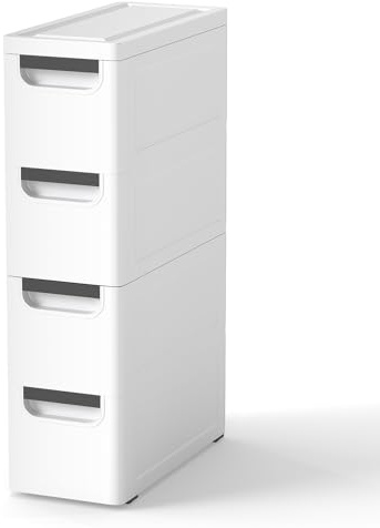 Slim Bathroom Floor Cabinet On Wheels,Narrow Bathroom Storage Unit with 3/4/5 Drawers, Mobile Drawer Cabinet Freestanding Compact Cupboard Organiser for Living Room Bedroom Entryway (4 drawers)