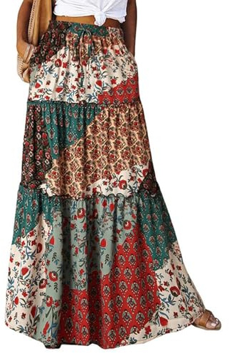 Bohemium Skirt Women 2025 Elastic High Waist Maxi Skirts for Womens Paisley Boho Summer Printed Long Elegant A-Line Vacation Beach Skirt Red L