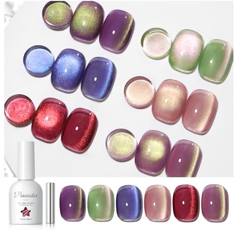 PEACECOLOR Cat Eye Gel Nail Polish with Magnet, 6 Colours (Glam) | 10ML Glitter Purple Green Blue Pink Red Colour Nail Polish with Magnet, Soak Off Holographic Polish, Manicure Set Home