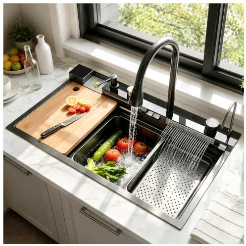 ATHOMASM Fregadero de cocina de acero inoxidable, 85 x 50 cm, con indicador de temperatura, nano-revestimiento, cascada y encimera, 1 lavabo individual con grifo extraíble, fregadero grande de cocina