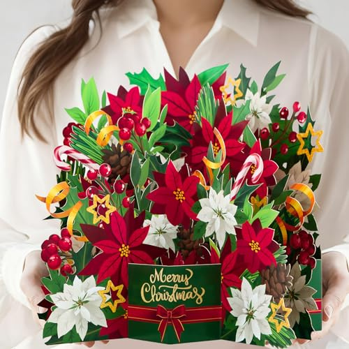 DISJOURNEY Tarjetas de Navidad desplegables – Ramo de flores de Pascua 3D – Tarjetas de felicitación de Navidad hechas a mano con sobres, nota de mensaje para ella, madre, abuela, 11 x 8.5 pulgadas