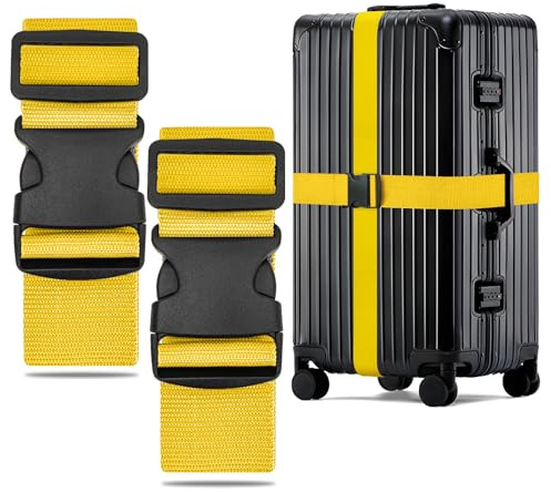 WISYOK Koffergurt, 2 Stück, 130-250cm, Gelb, Kofferband Gurt Auffällig | Erweiterte Koffergurte, Sicher Kofferbänder, Robuster Koffer Gurtband, Luggage Strap für Reisen, Flugreise, Urlaub, Gepäck