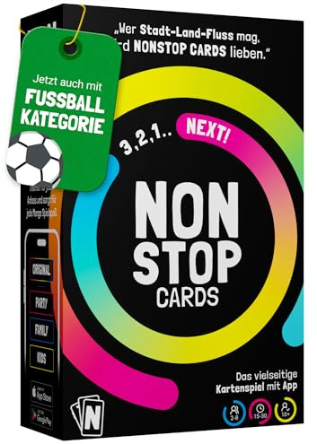 Nonstop Cards - Lustiges Kartenspiel mit App | Gesellschaftsspiel für Erwachsene & Jugendliche | Stadt-Land-Fluss | Partyspiel Familienspiel Brettspiel Geschenk | ab 2 P. | 1750+ Themen inkl. Fußball