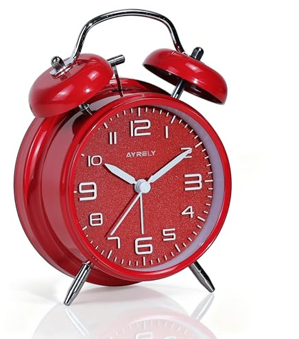 AYRELY® Loud Alarm Clock for Heavy Sleepers, Retro Twin Bell Design, 4-Inch Silent Analogue Clock with Pearl Dial and Night Light, Battery Operated Bedside or Desk Clock (3D Dial–Red)