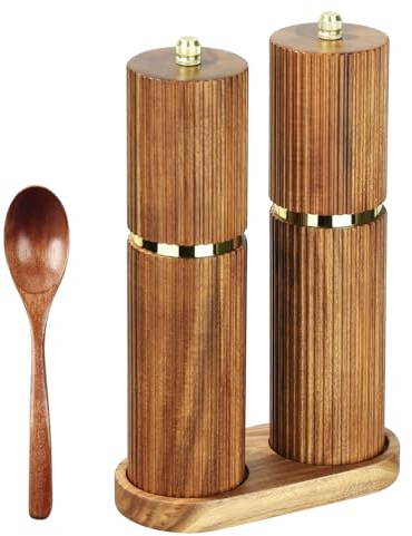 Salz und Pfeffermühle Holz Set,2 Gewürzmühlen aus Akazienholz,2er set Keramikmahlwerk Gewürzmühle mit untersetzer,Gewürzmühle Grinder mit verstellbarem Mahlwerk für Gewürze Pfeffer Salz 21cm