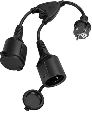VINATO Doppia Spina per Presa, 2 in 1 Cavo di Prolunga con Copertura Impermeabile, 16A/ 250V/ Max. 3680W, Doppia Presa con 2 Prese Schuko per Casa, Ufficio, Giardino, Nero