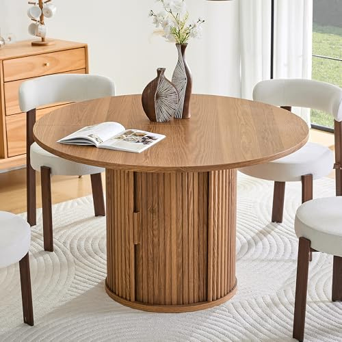 HAINEW HD26030416 Table à manger avec plateau rond et armoire de rangement - Table de cuisine, salle à manger avec pieds cylindriques - 120 x 120 x 75,5 cm - Noyer
