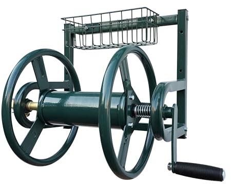 Relaxdays 40 m väggmonterad slangrulle rostfritt stål, snabbkoppling, grön, 56 x 48 x 42 cm
