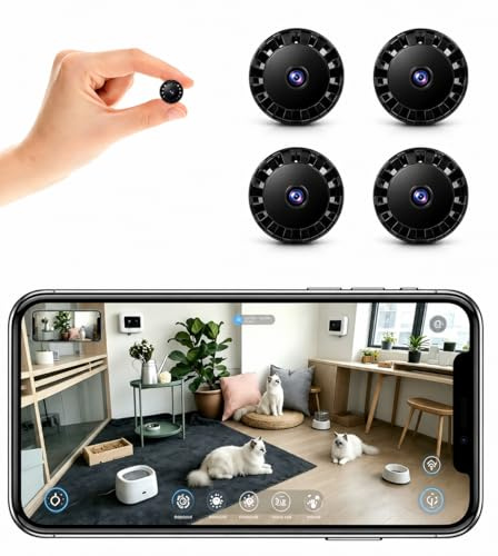 Small Hidden Spy Camera, 1080P HD Mini WiFi Security Camera, Indoor Outdoor Night Vision Cam with Montion Detection for Home Office Room Real Time Video With App A/L (Onyx Black, Micro 4 PCS)
