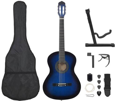 QUAHEAS Lot de 12 guitares classiques pour débutants, bleu, 4/4, 99 cm, en tilleul avec sac, sangle, accordeur, médiator, capodastre, support de guitare, idéal pour les cours de musique, la scène et