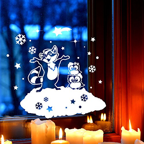 Fensterbild Eulen & Waschbär Fensterbilder Fensterdeko Winterlandschaft 24x21cm + Sterne & Schneeflocken selbstklebend für Kinder M2255 ilka parey wandtattoo-welt®