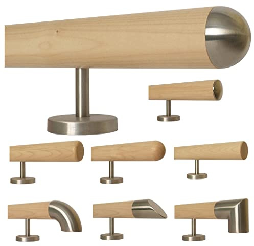 Madera de arce escalera pasamanos mango recto soporte de acero inoxidable, longitud 30-500 cm de una pieza/ejemplo: 170 cm con 3 soportes semicircular tapa de acero inoxidable